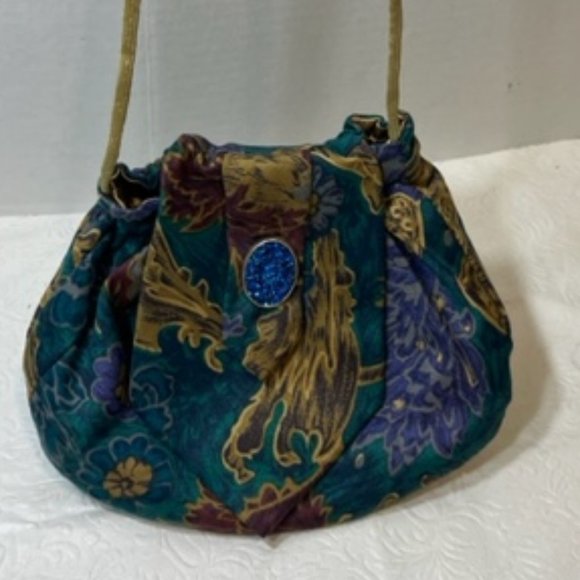JT Beckett Handmade Tie Crossbody Purse w/Sparkling Blue Brooch Small 7.5"x6" - Picture 4 of 11